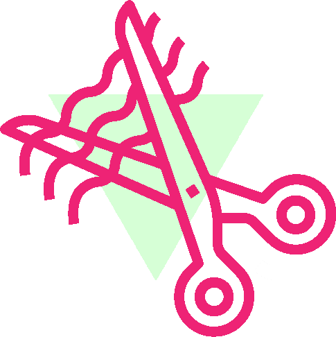 Icon einer rosa Schere mit hellgrünem Dreieck im Hintergrund
